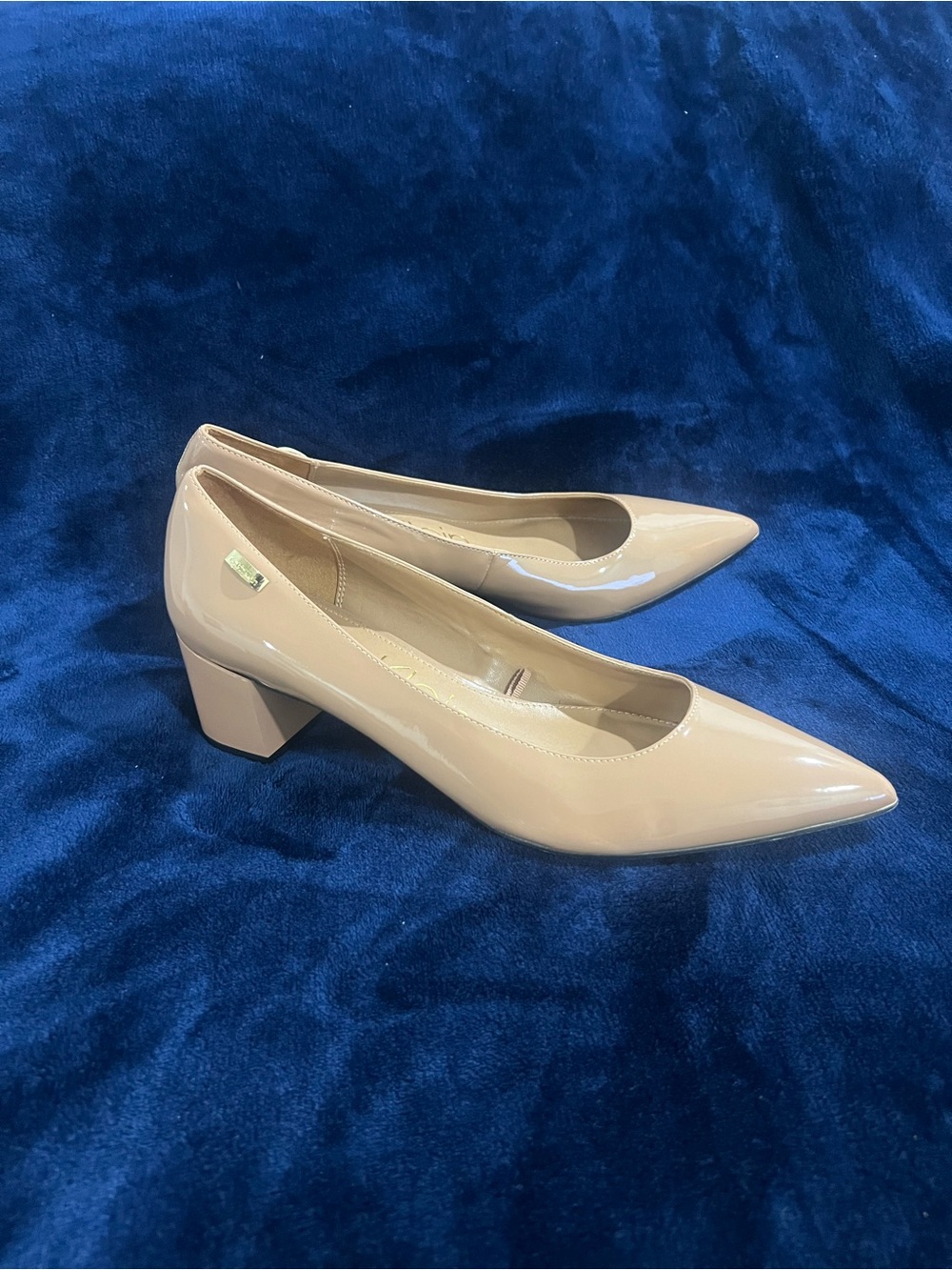 Calvin Klein Nude Patent Pointed Block Heel Pumps
